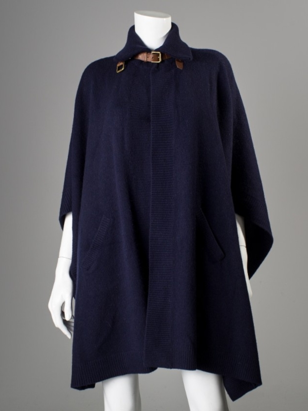 Ralph Lauren Navy Wool-Cashmere Blend Cape with Leather Buckle Collar